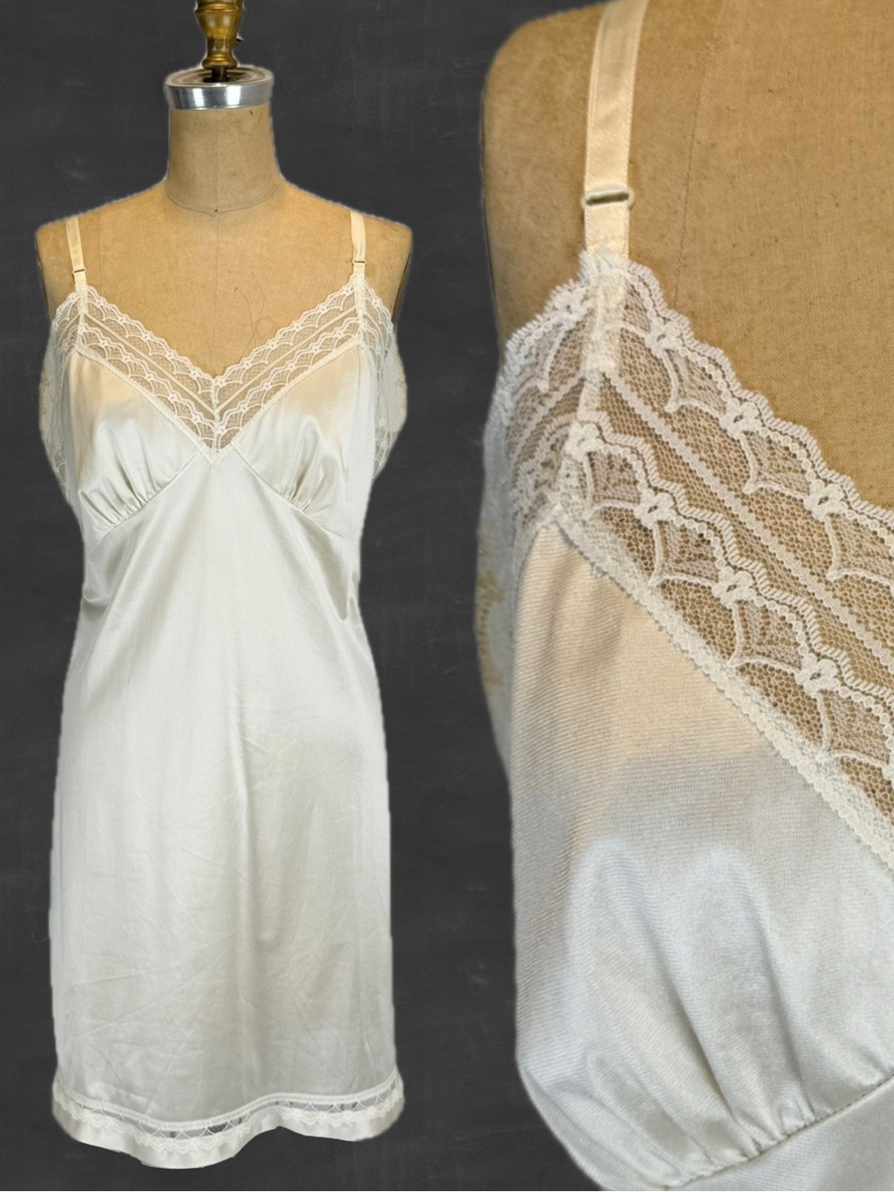 VINTAGE 70s silky nylon lace full dress slip lingerie nightgown midi layer 80s
